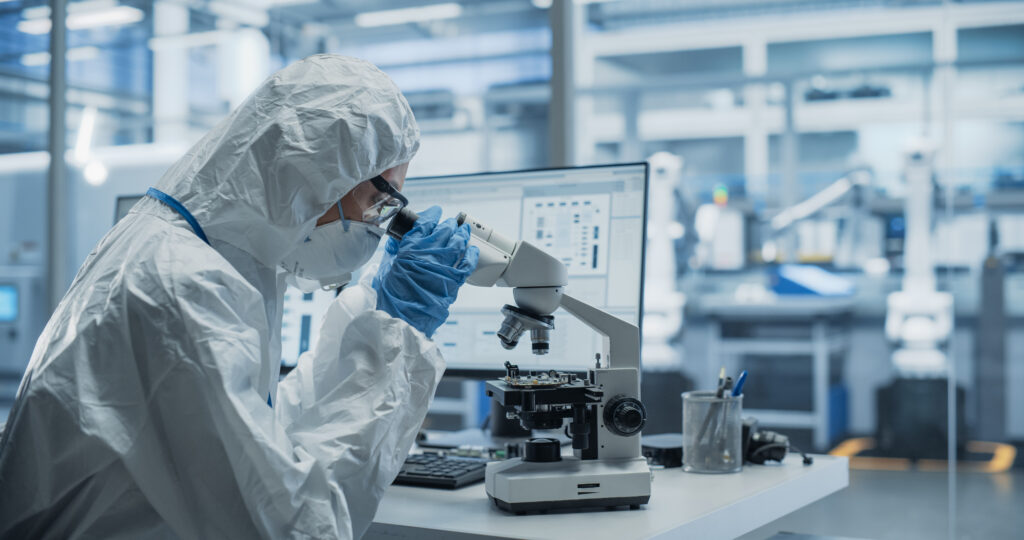 Mitarbeiter in der Mikroelektronik untersucht einen Mikrochip mit einem Mikroskop